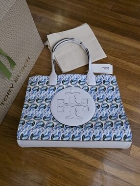 Tory Burch White-Trim Multicolor Printed Logo Tote